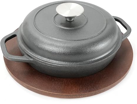 HAWOK Cast Iron Stock Pot with Lid and Wooden Base, Dia 7.9", 0.95QT, Shallow Casserole Braiser, 3-Piece, Black