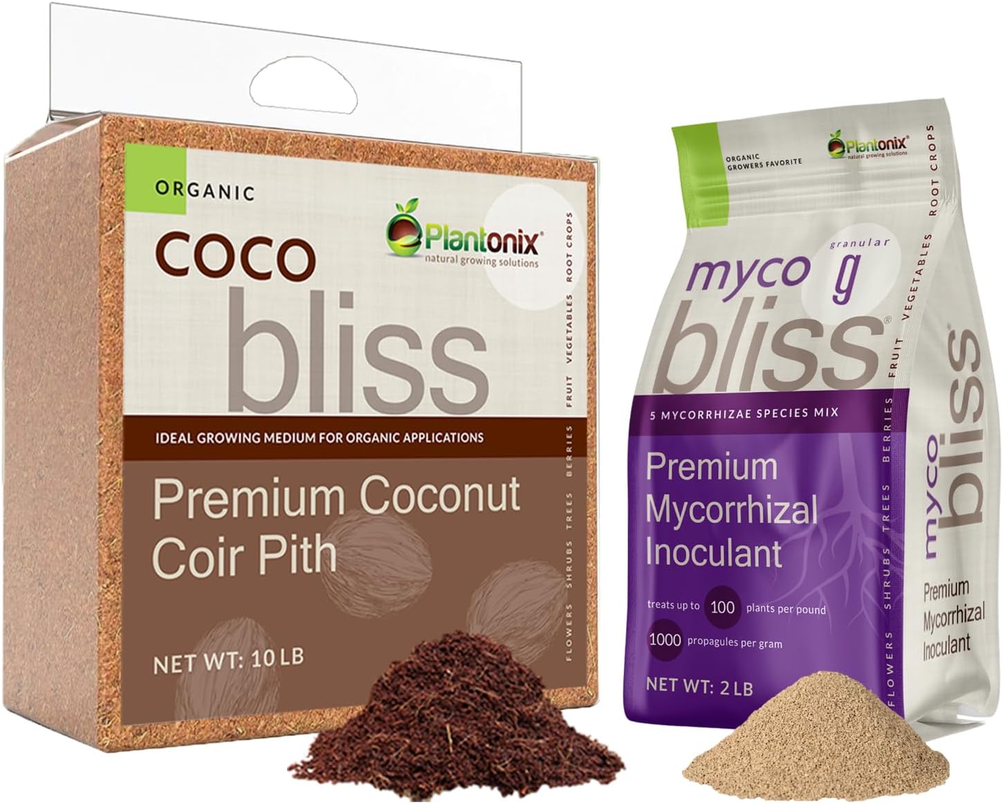 Coco Bliss (10lbs) + Myco Bliss Granular (2lbs) - Organic Coco Coir for Plants & Mycorrhizal Fungi Inoculant - Mycorrhizae for Plants - Coconut Soil Coconut Coir Brick - Gardening & Potting Soil Mix