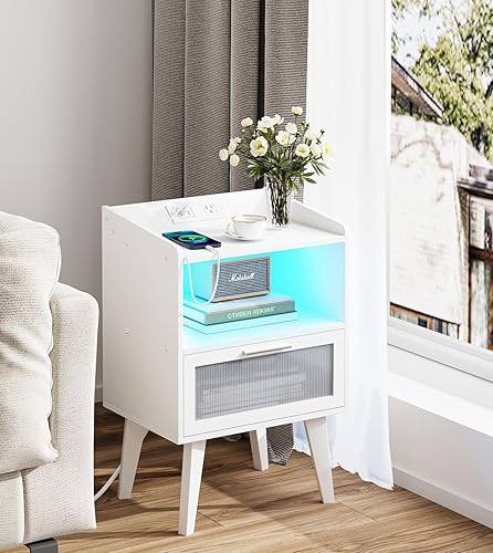 Miniatura 2 de VIMBER Mesita de noche con LED ajustable y cajón Desighed para dormitorio, mesa auxiliar con estación de carga, mesa auxiliar con compartimento