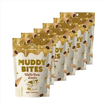 Muddy Bites Waffle Cone Snacks Bite Sized Chocolate Filled Waffle Cones for Snack or Dessert, Hot Cocoa, Made with Cane Sugar, Non-GMO, Kosher Hot Cocoa, 6 Bags