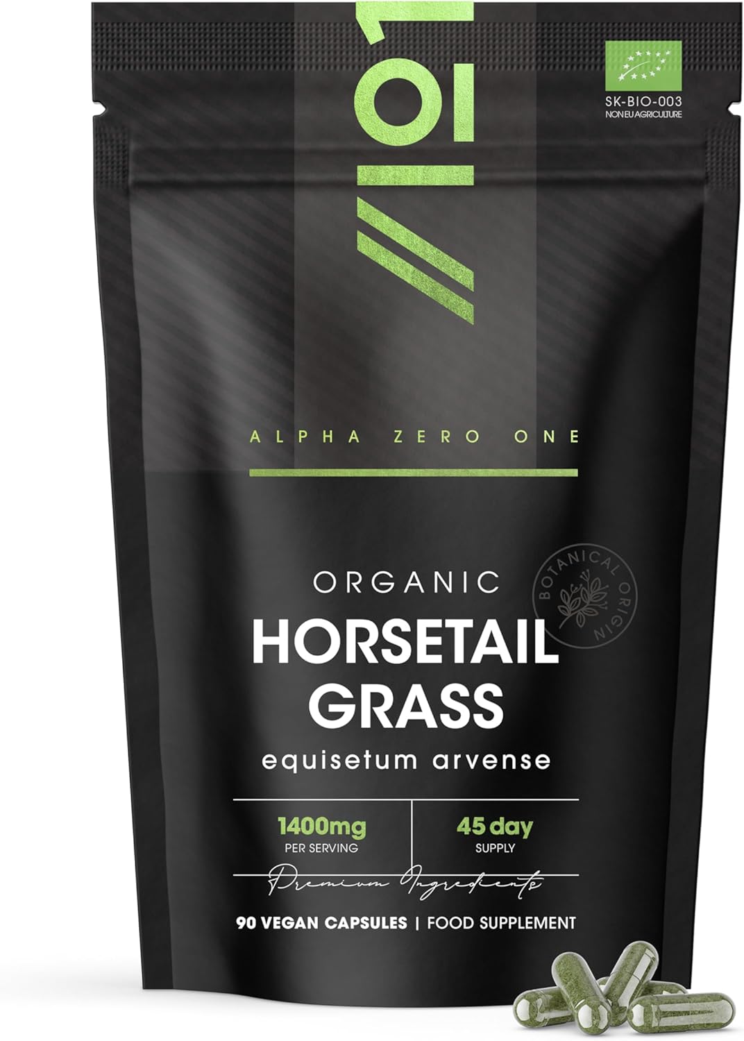 Organic Horsetail 1400mg – 90 Vegan Capsules (45 Day Supply) – Pure & Potent Powder – Resealable and Recyclable Pouch by Alpha01