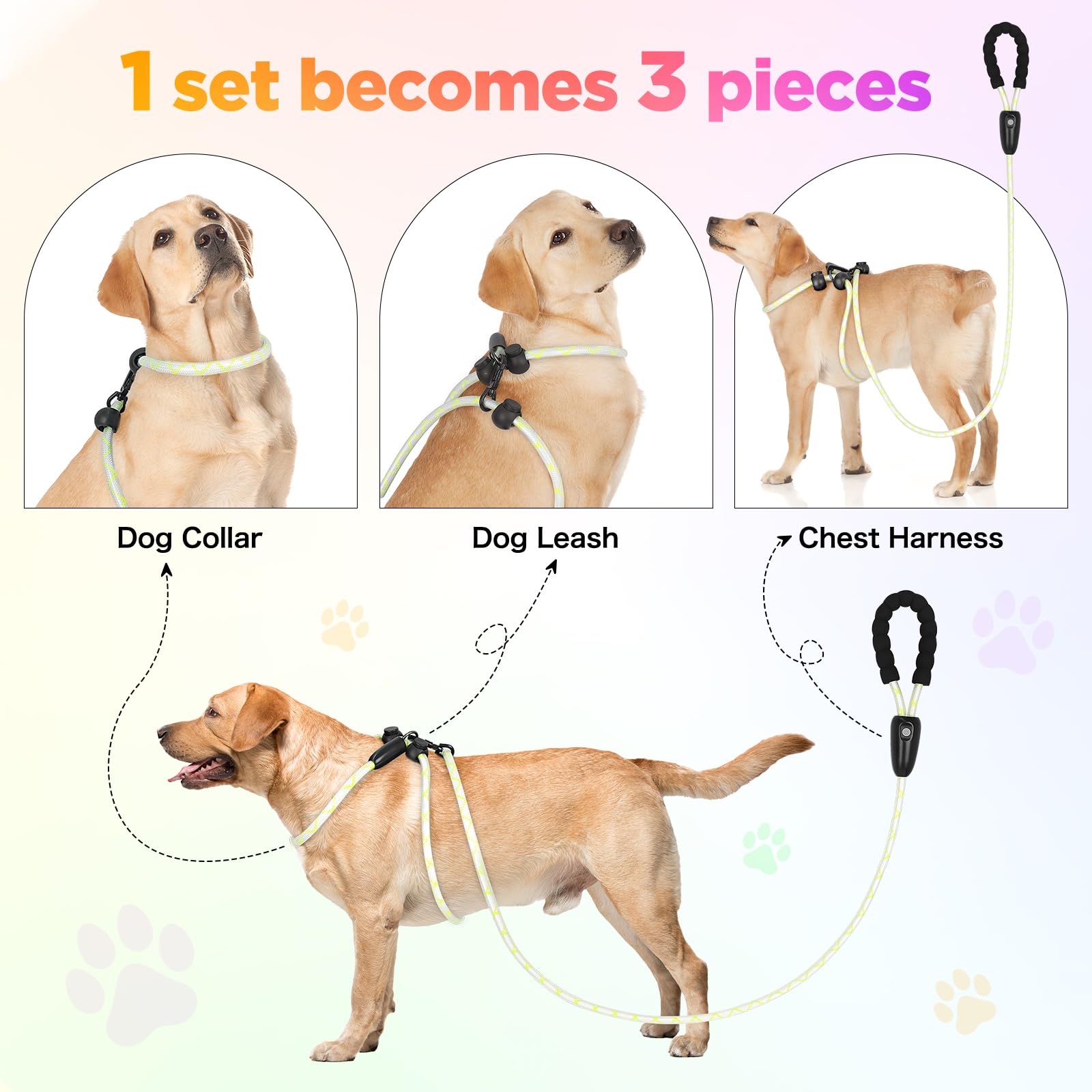 YFbrite 3-in-1 Hundegeschirr Leuchtend & Leuchthalsband Hund & LED Hundeleine – 15 Modi, Wiederaufladbare Hundeleinen Type-C Wiederaufladbar und wasserdicht – mittelgroße und große Hunde(9Ft)