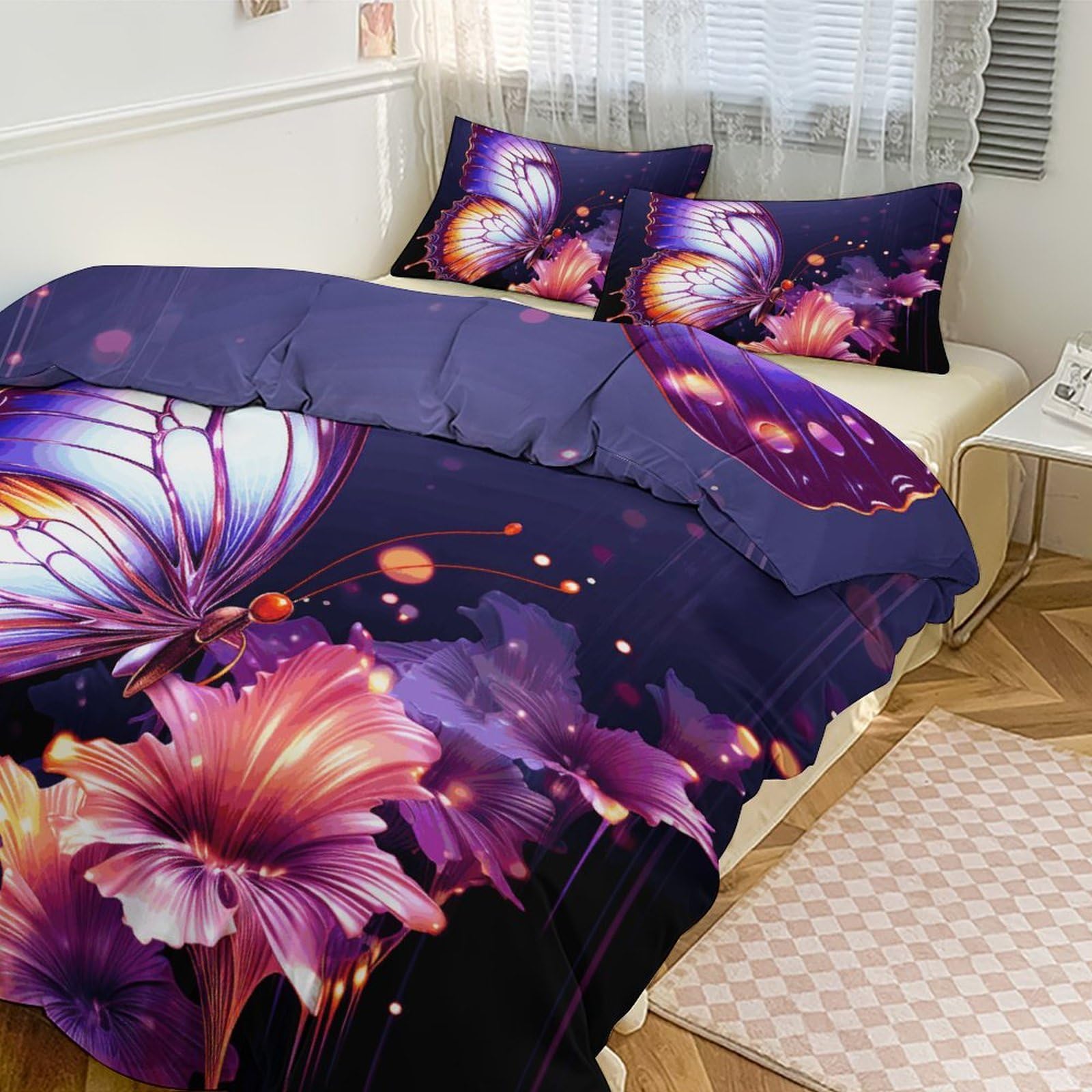 Housse de couette 259x228 cm avec taies d'oreiller motif papillon violet pour grand lit adulte