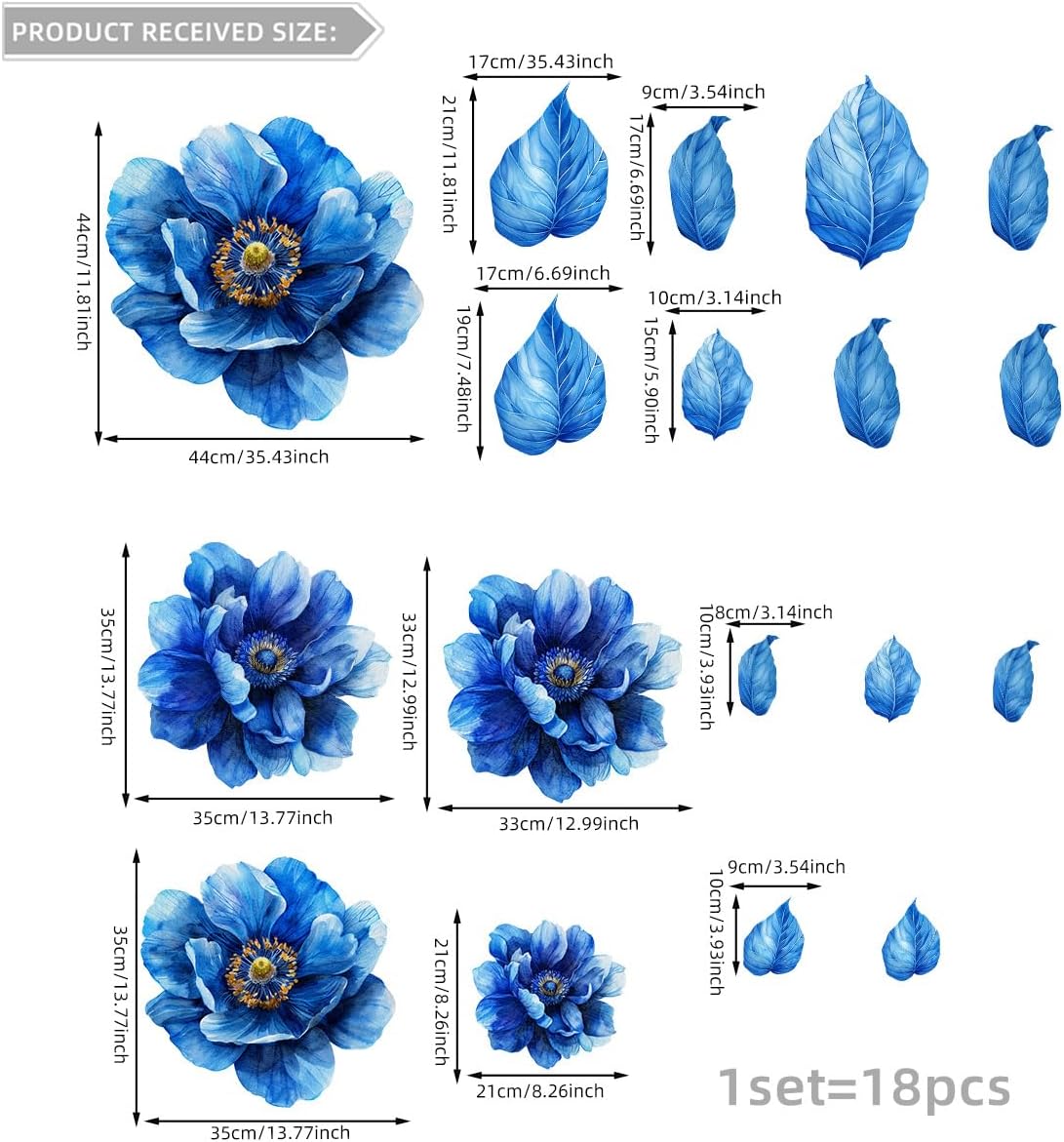 Runtoo Large Peony Flower Wall Art Decals 3D Boho Fabric Blue Floral Wall Mural Stickers for Girls Bedroom Living Room Office Home Backdrop Decor