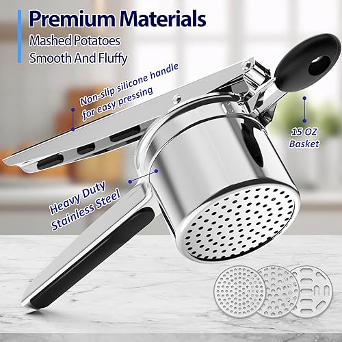 Vista 5 de Potato Ricer, Ricer for Mashed Potatoes, 3 Interchangeable Discs Potato Masher Stainless Steel for Fluffy Mashed Potatoes, Heavy Duty Spaetzle Maker
