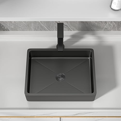 Miniatura 116 de Fregadero de baño de 19 x 15 pulgadas con grifo y desagüe desplegable – Porcelana negra mate rectangular sobre mostrador moderno lavabo de arte