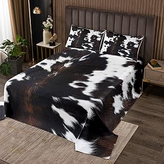 Homewish Cowhide Print Bedspread Quilt Set King Size,Black White Fur Quilted for Kids Teens Adult,Cow Skin Printed Coverlet Set,Farmhouse Bedspread,Soft Luxury Microfiber