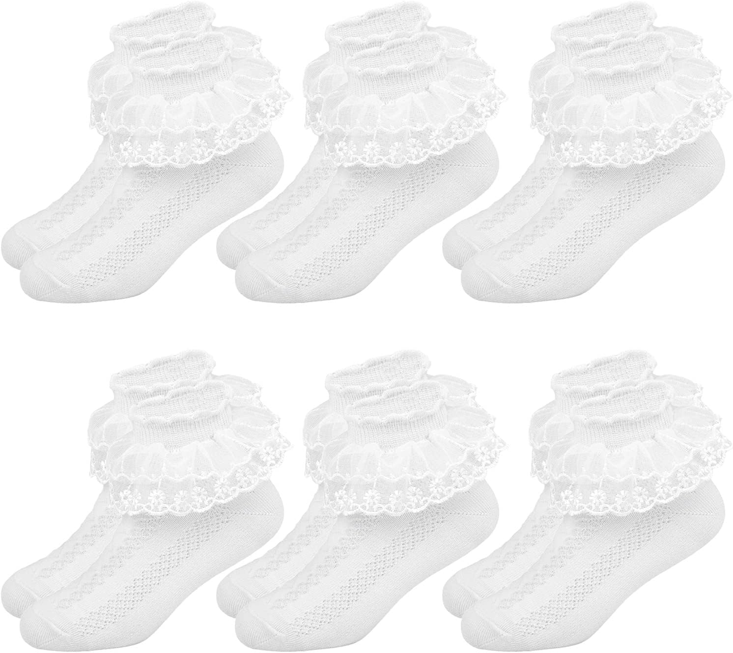 6 Pairs Girls Lace Socks Children Baby Cotton Ruffled Trim Ankle School Socks Fancy Princess Cute Partywear Socks for Age 1-9