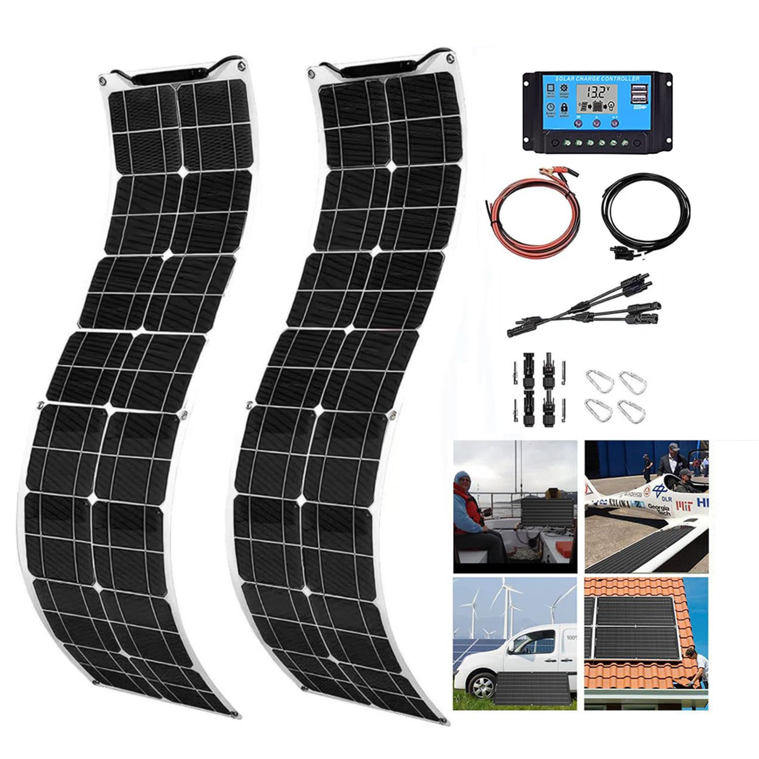 Pannello Solare Flessibile Monocristallino 400W 800W Kit Impianto Solare Modulo Fotovoltaico Cellula Regolatore 40A Connettore PV Casa Camper Roulotte Barca Caricabatterie 2x200W