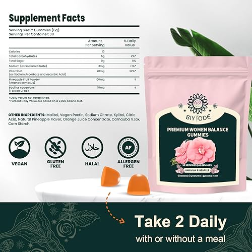Miniatura 2 de Gomitas de piña para mujer, equilibrio de pH, probióticos femeninos para la salud vaginigal, nutrición femenina, apoyo inmunológico, vegano, sin