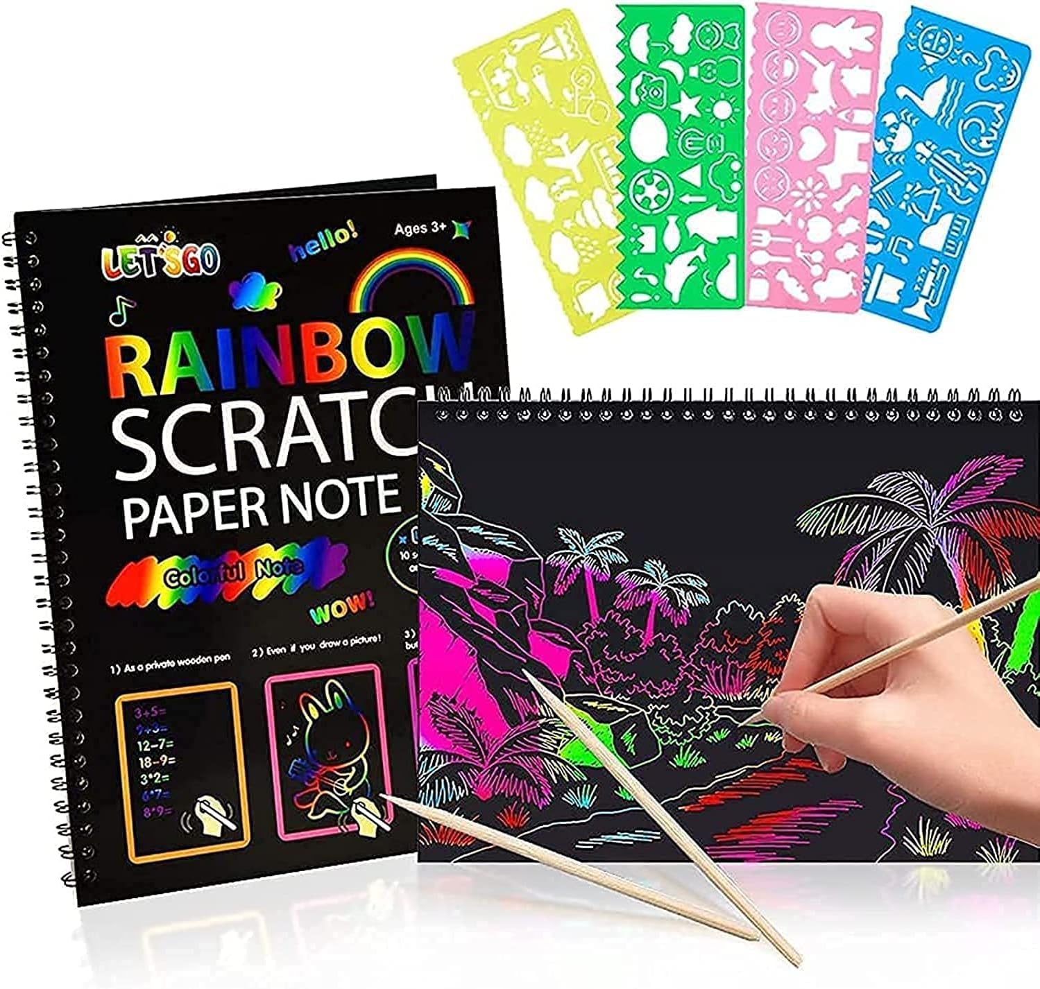 Premify2 X Scratch Paper Art Notebooks | Set of 2 Books + 8 Styluses + 8 Drawing Stencils | Rainbow Scratch Off Art Set for Kids Activity Coloring Pad Black Magic Art Craft Supplies Birthday Gift