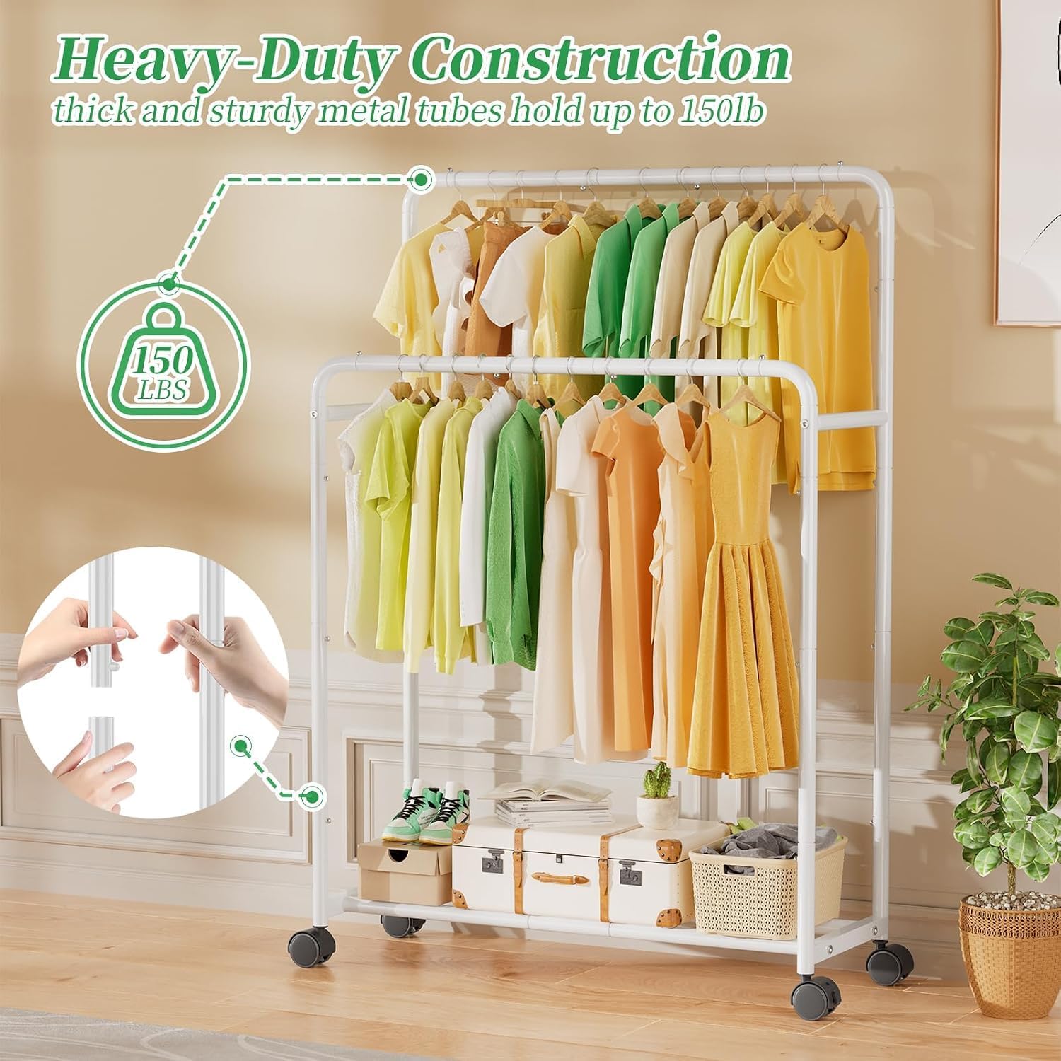 Clothing Clothes Rack, Double Rod Garment Rack, White | Portable Closet with Bottom Shelf, Anti-Slip Stoppers, 360° Lockable Wheels, Multiple Uses, Bedroom, Laundry Room thumbnail
