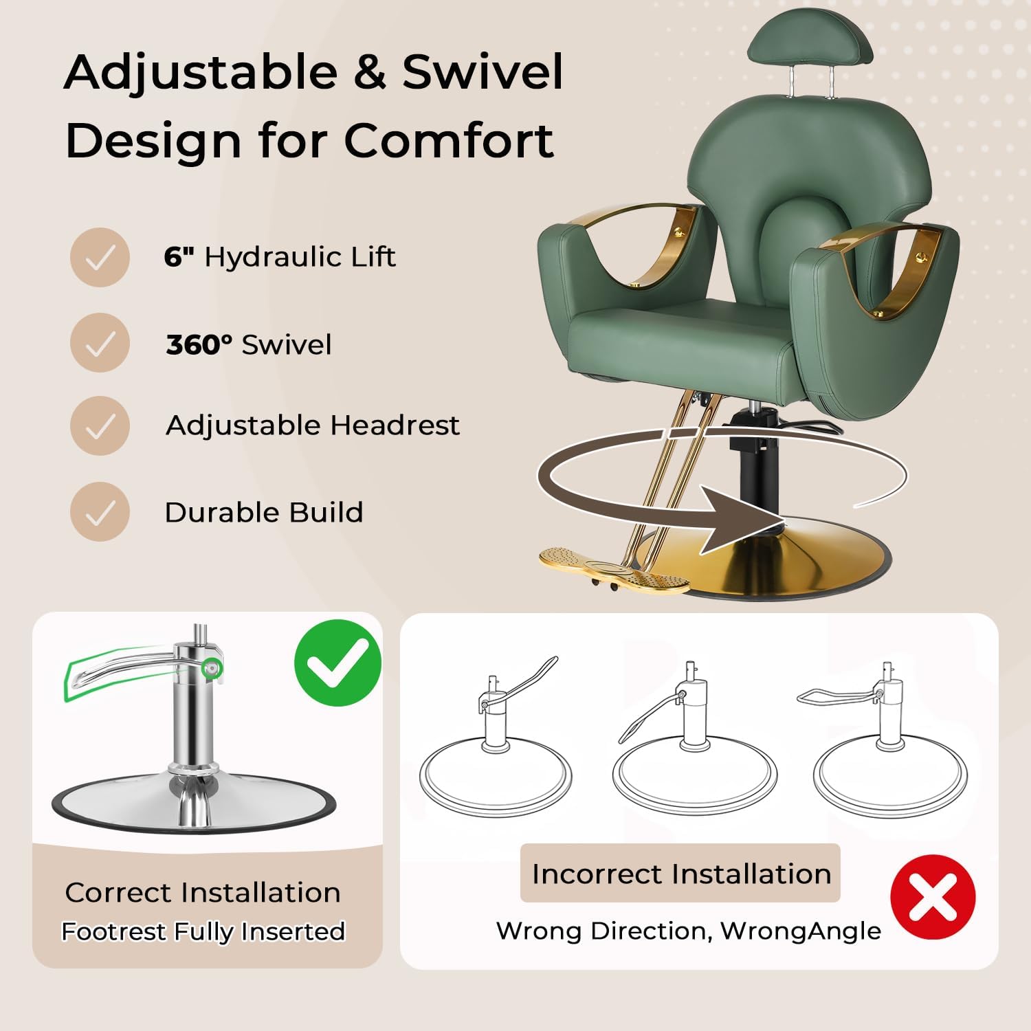 Reclining Salon Chair, Heavy Duty Hydraulic Styling Chair for Hair Stylist with Adjustable Headrest, 360° Swivel, Multi-Use for Hair Stylists, Spa & Tattoo Artists (Elegant Green Gold)
