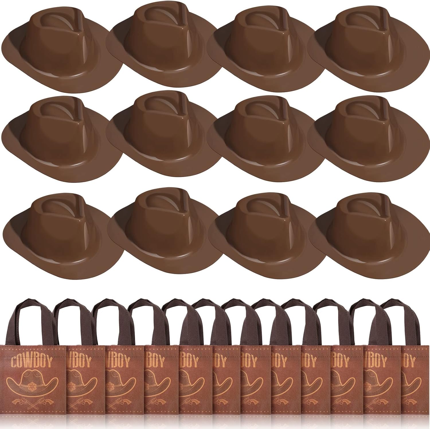 SATINIOR 24 Pcs Plastic Cowboy Hats for Kids Set Western Party Favors with Cowboy Gift Bags Bulk Brown Baby Toddler Hats Decorations Candy Goodie Bags Birthday Rodeo Supplies