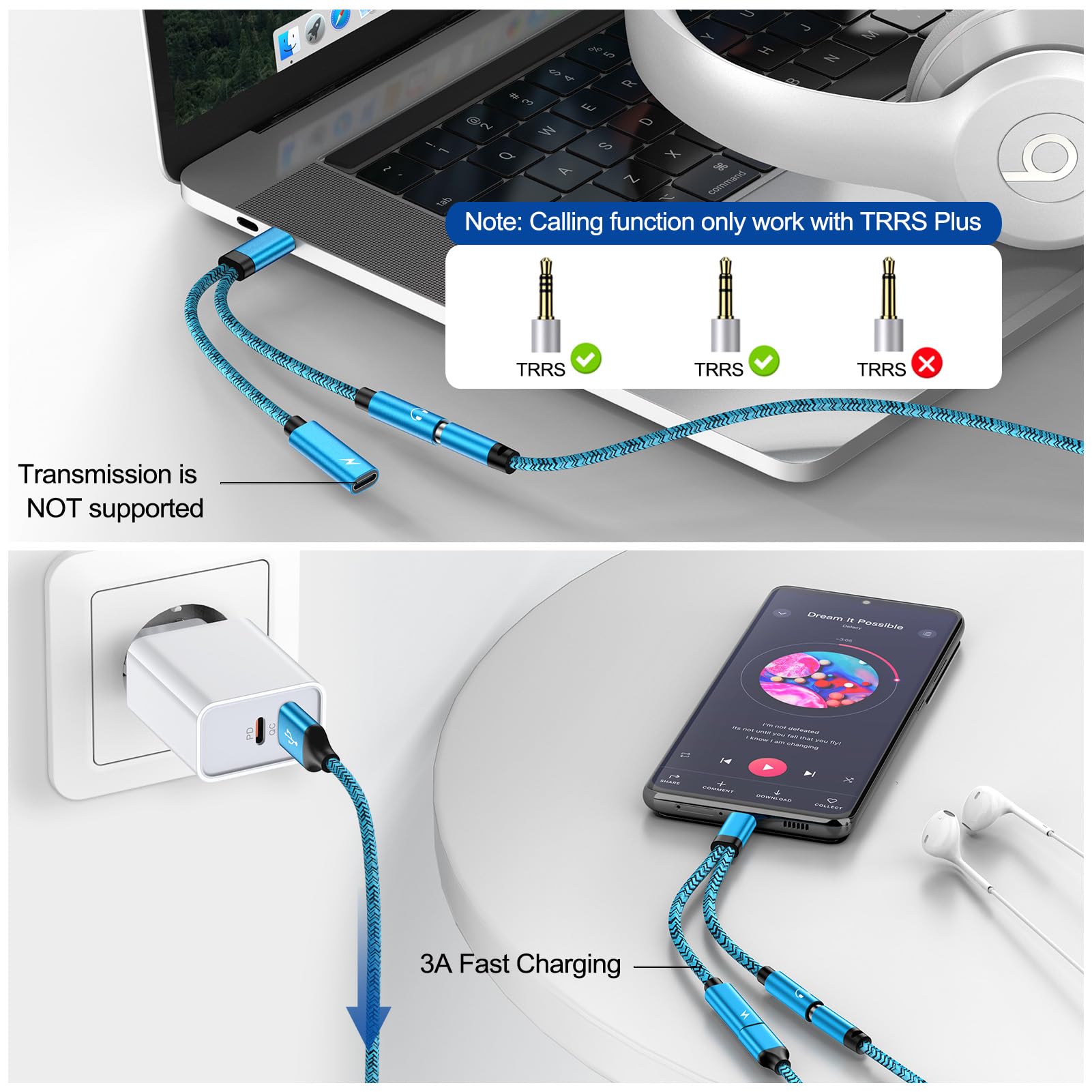 POWERQ Adattatore USB-C a Jack Cuffie 3.5 mm 2-in-1 AUX con