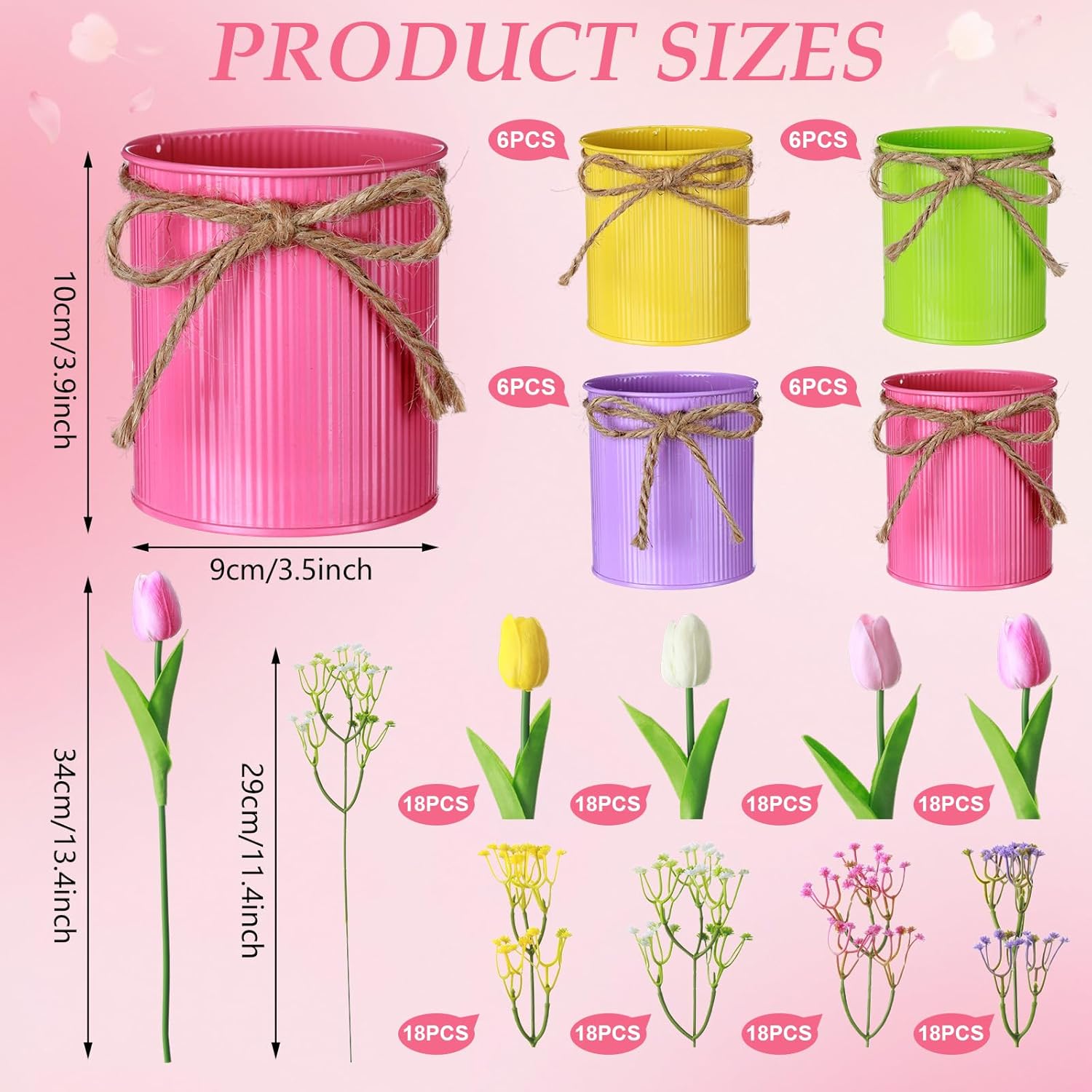 Domensi 24 Set Spring Table Centerpieces Artificial Tulips and Babys Breath Decorations in Metal Pots Faux Multicolor Tulip Potted Flower Fake Floral Bouquet for Home Office Wedding Decor