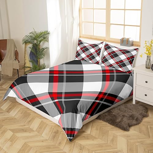 Miniatura 10 de Erosebridal Juego de ropa de cama de cuadrícula de búfalo negro, blanco y rojo, para niños, hombres y mujeres, funda de edredón geométrica de