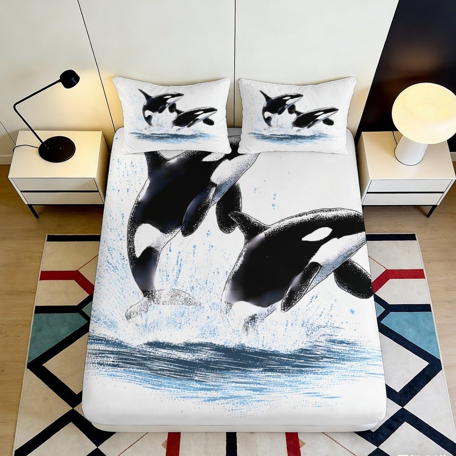 Pnayamiorkfel Style-10 3D Printed Orca Whale Fitted Sheet Microfiber Soft Black White Ocean Mattress Cover For Bedroom Guest Room Home Decor 90X200x25cm