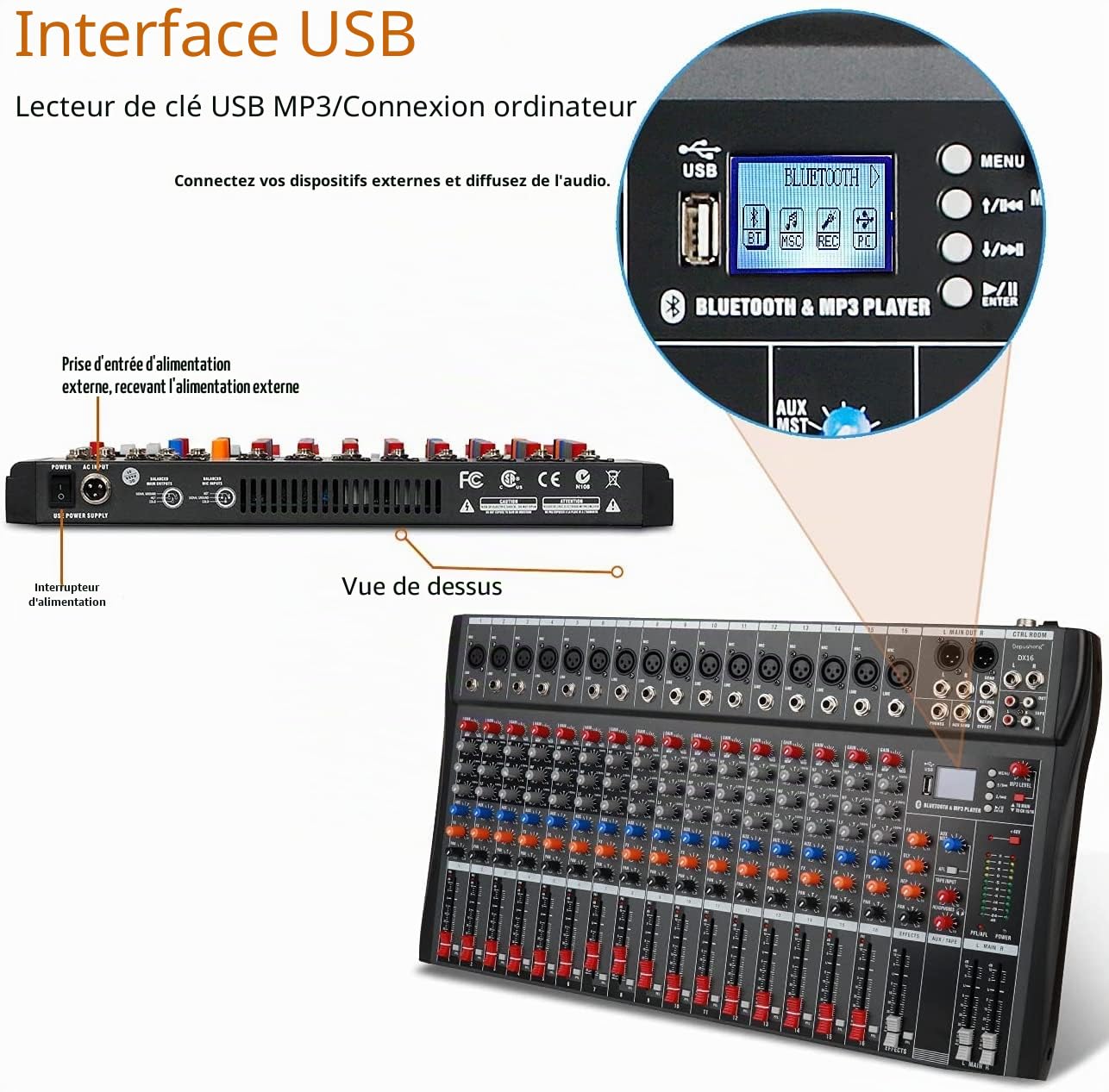 Depusheng DX16 Interface de contrôleur de son DJ avec clé USB pour enregistrement sur ordinateur Mélangeur audio de studio 16 canaux - Prise microphone XLR, alimentation 48 V, entrée/sortie RCA