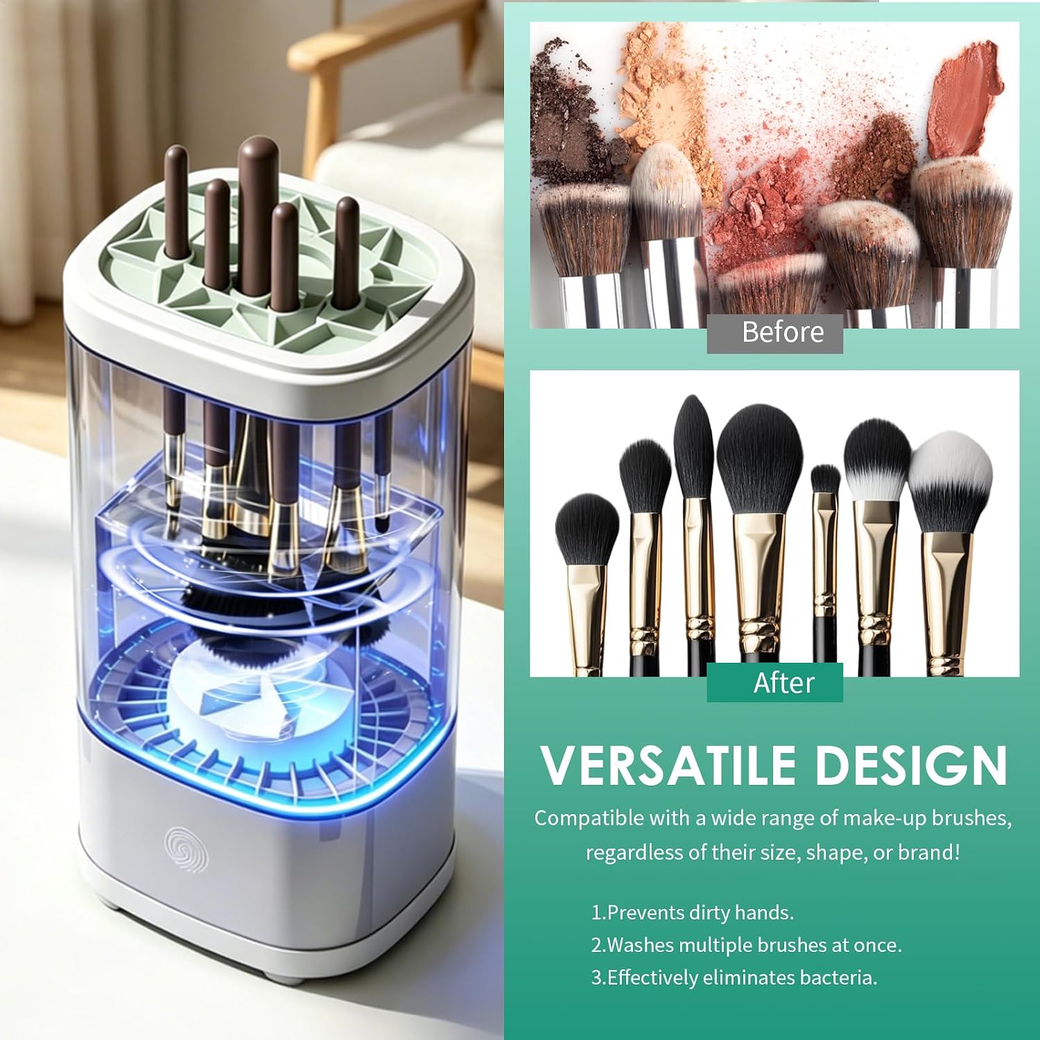 Electric Makeup Brush Cleaner Machine Automatic Deep Cleaning (Air Clean) | 3 in 1 Wash, Dry & Store, Silicone Slots Fit All Brush Sizes, Fast Spin Dry, USB Powered, Touch Control, Ideal gift for women