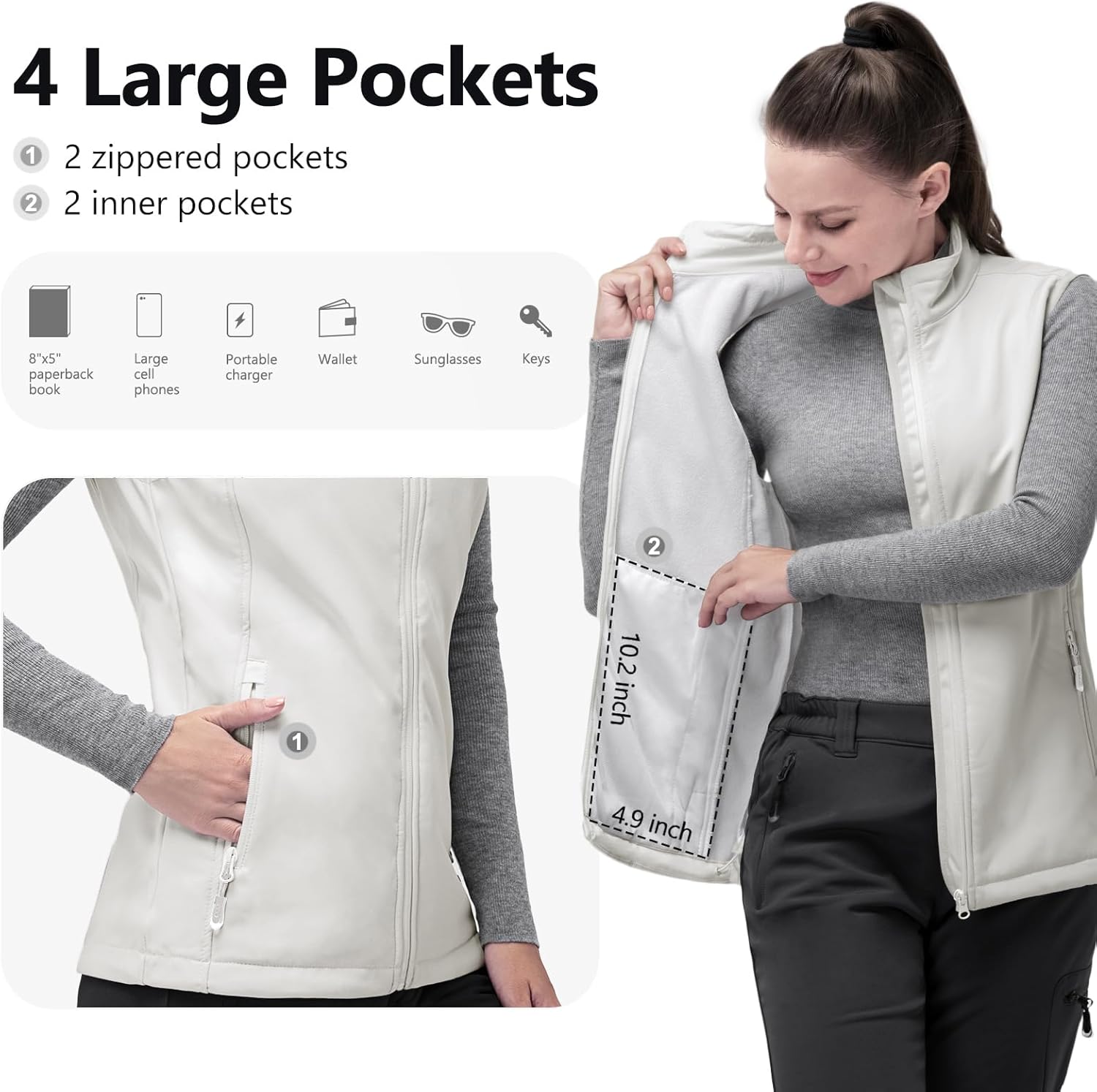 33,000ft Women's Running Vest Fleece Lined Zip Up Windproof Lightweight Softshell Vests Outerwear for Golf Hiking Sports