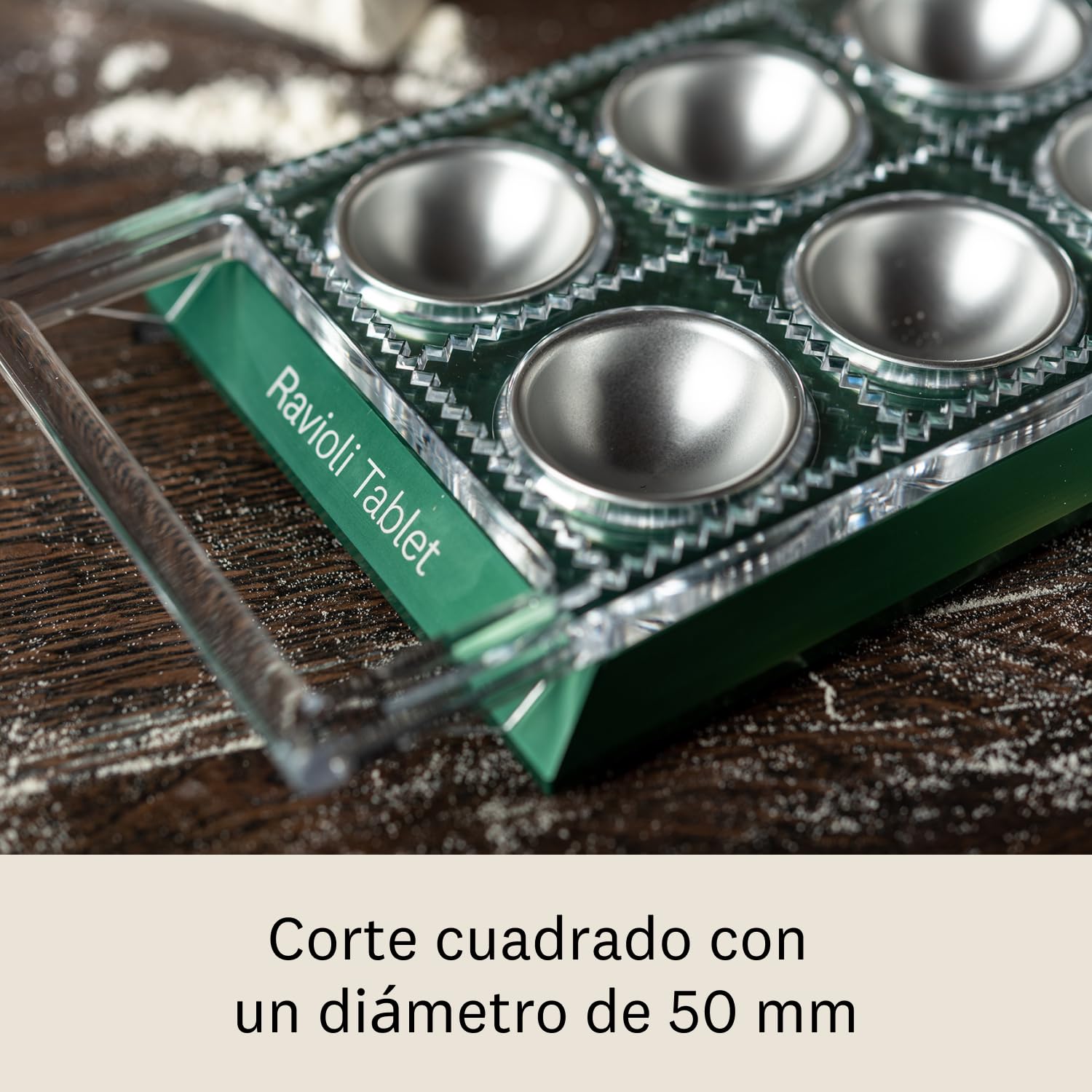 Molde para Raviolis Marcato, Máquina para Raviolis, Formas para Raviolis Caseros, Corte Cuadrado de 50 mm, Rodillo de Aluminio Incluido. Modelo: Ravioli Tablet, Verde.
