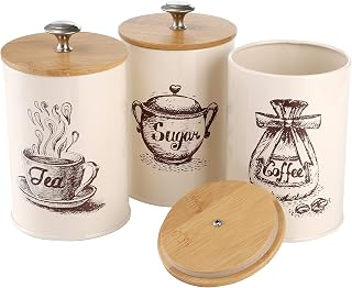 YOUEON Set of 3 Metal Kitchen Canister Set with Bamboo Lid, Coffee Sugar Tea Canister Set Food Storage Canister, Farmhouse Kitchen Decor, Beige