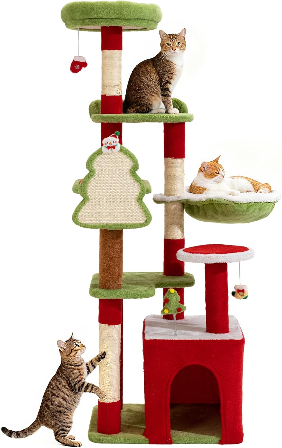 AQUILLA 55.1in Christmas Cat Tree Tower for Indoor Cats, Multi-Level Cat Condo with Sisal Scratching Posts, Cozy Hammock & Top Perches, Red & Green Holiday Pet Play House for Large Cats and Kittens