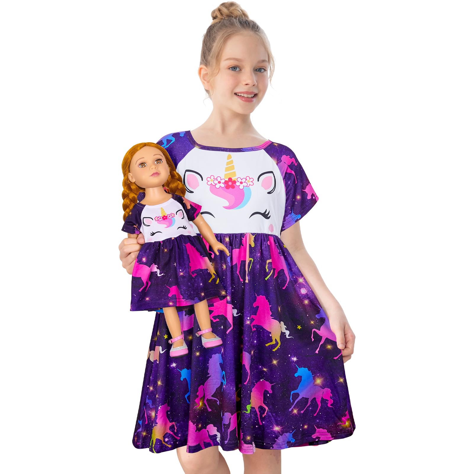 Play Tailor Doll & Girl Matching Nightgown for 18" Doll Clothes Accessories | Doll Not Included, Doll Clothes for 18 Inch Dolls, Birthday Christmas Gift, Soft Breathable Stretch Fabric, Knee Length Fancy Purple 4-5T