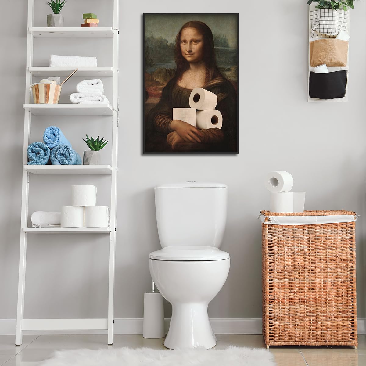 Anslipswar Funnyl Dipinto della Mona Lisa Arte da Parete su Tela per Bagno, Stampe Artistiche Umoristiche e Divertenti per WC, 30,5x40,6cm Incorniciato