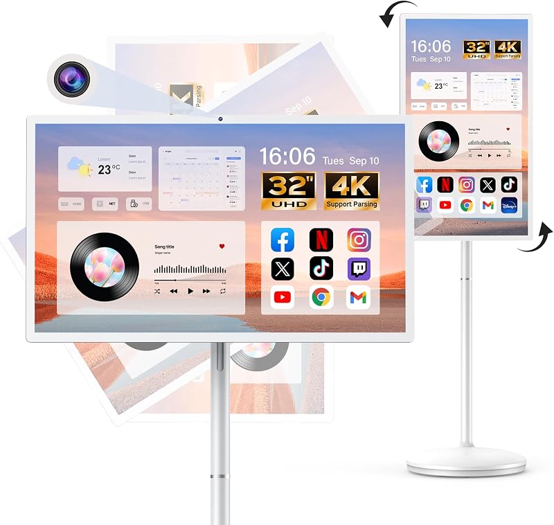 32" Smart Portable TV on Wheels, UHD Touch Screen Rolling TV, 16GB RAM + 128GB Storage, Powerful Qualcomm Snapdragon CPU, Android 14 EDLA Certified, Supports Google Play (White)