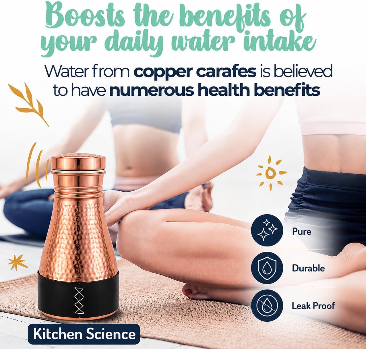 Kitchen Science Copper Bedside Carafe 32 oz – Pure Copper Water Carafe with Leakproof Lid, Includes Handmade Jute Placemat & Black Leather Sleeve, Elegant & Durable image 3
