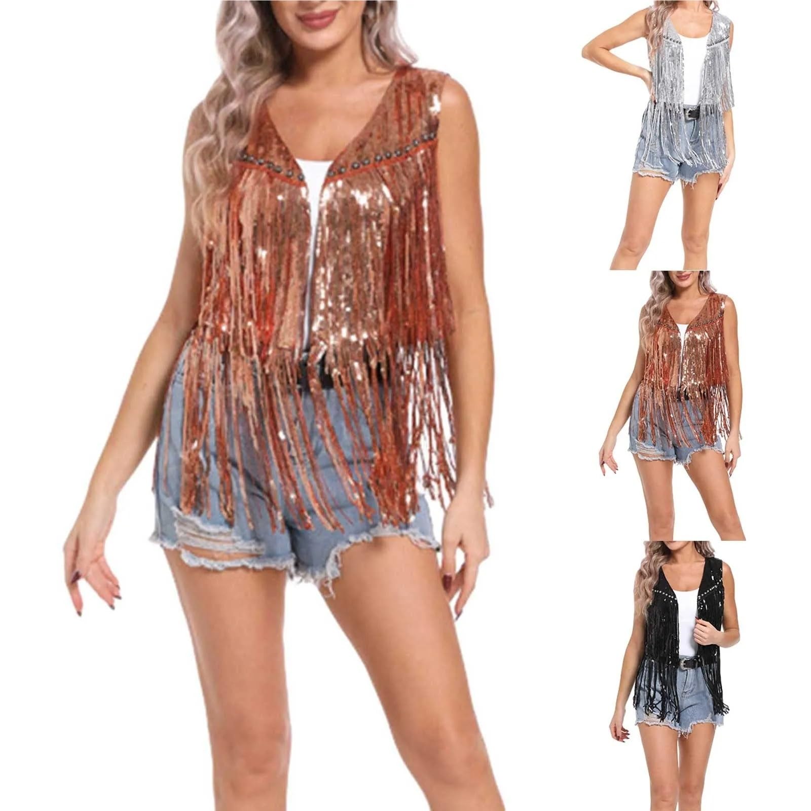 Top con Frange Paillettes Donna Gilet Cappotto Moda Solido Frange Casual Nappe Top Festa Abbigliamento Capispalla