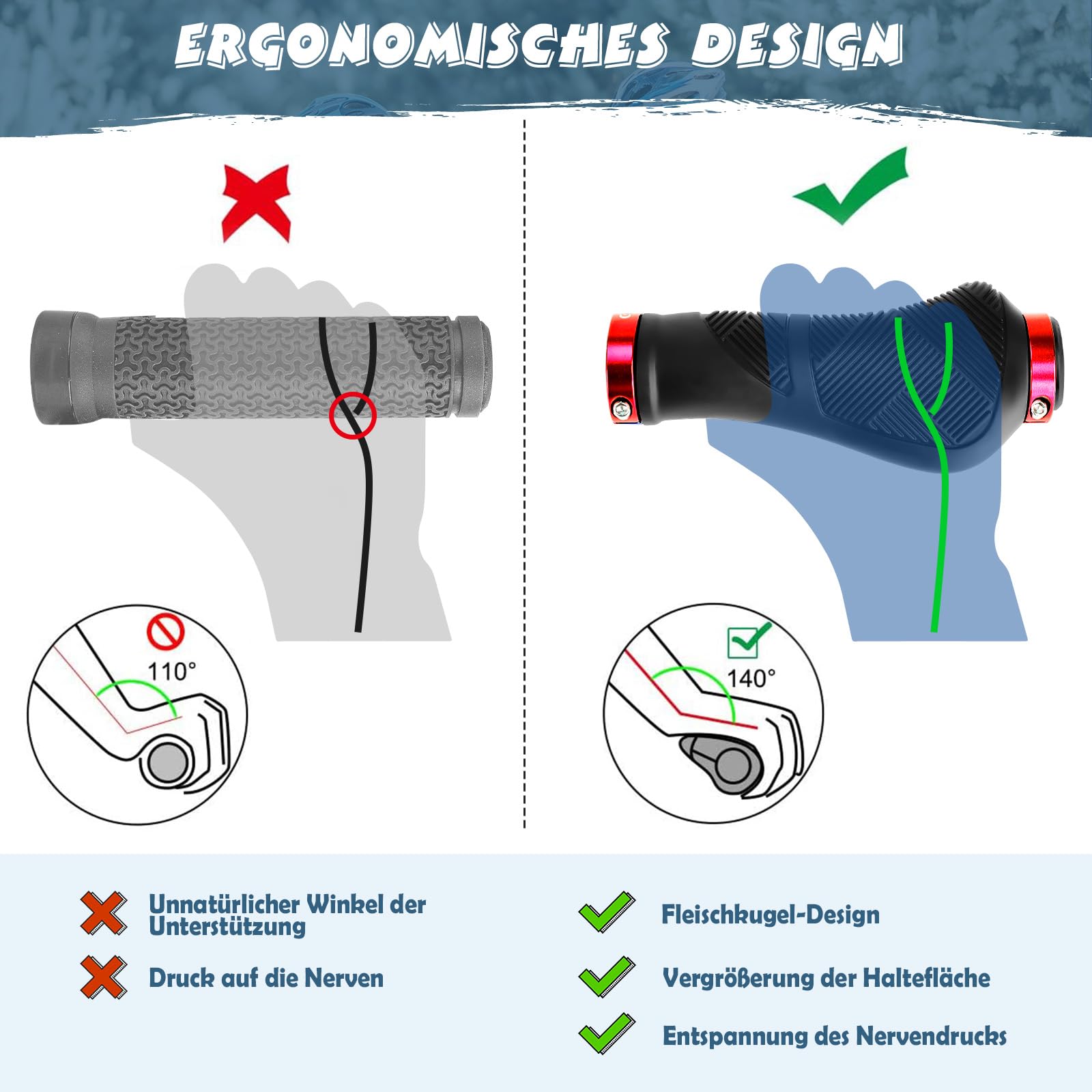 GXCROR Ergonomische Fahrradgriffe, rutschfeste Gummigriffe mit doppelter Verriegelung, universell 22.2 mm für Fahrräder/MTB/E-Bikes
