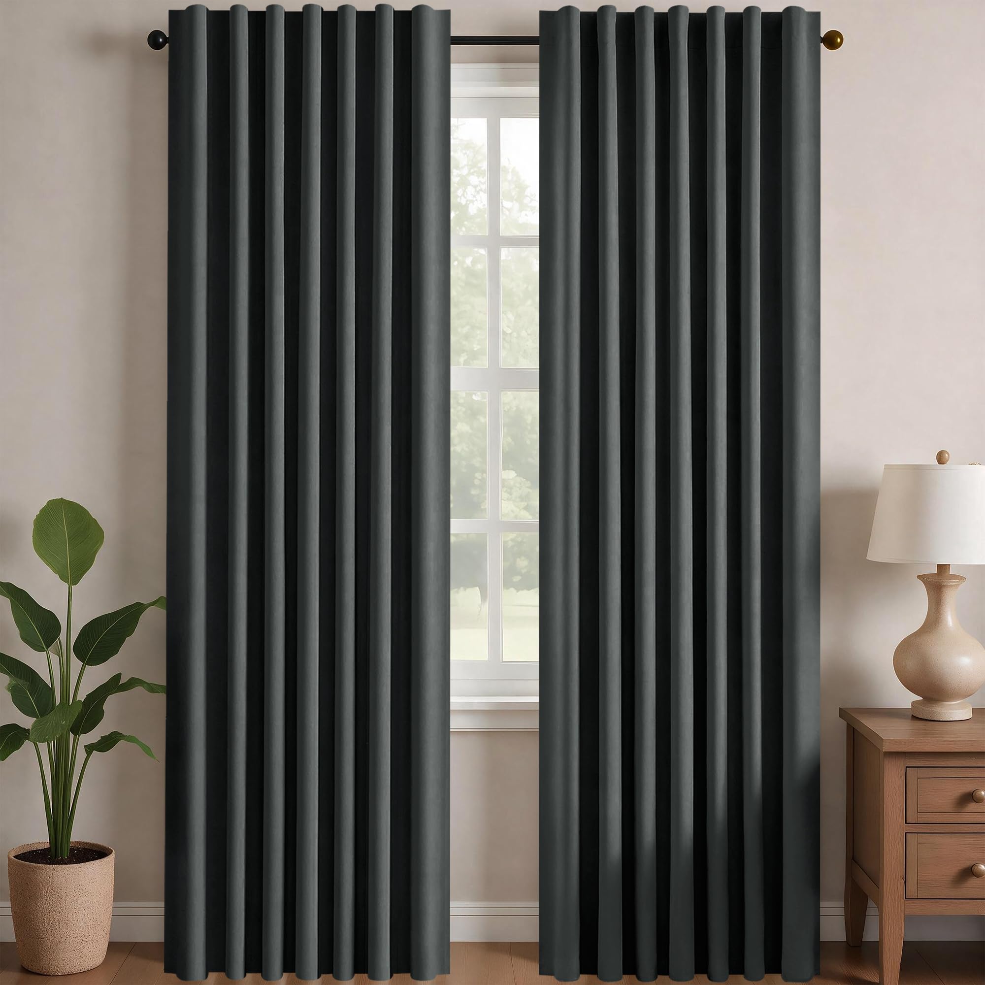Deconovo Rideaux occultants, Opaques, avec Bandes froncées, Rideaux Thermiques 3 en 1, Chambre à Coucher, 2 Pièces140×300 CM (Largeur x Hauteur) Gris Foncé