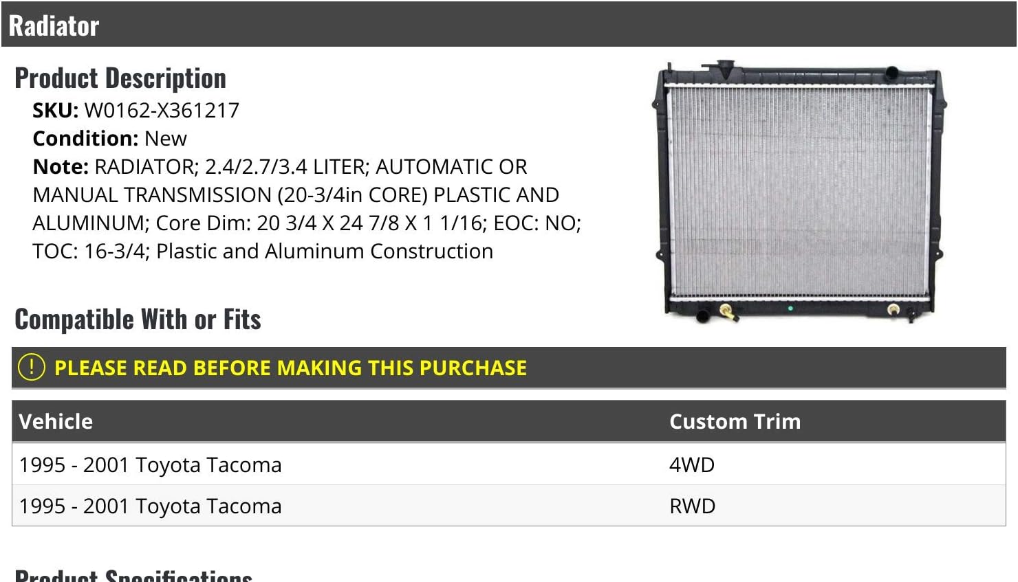 Radiator - Compatible with 1995-2001 Toyota Tacoma 2WD 4WD 2.4L 2.7L 3.4L