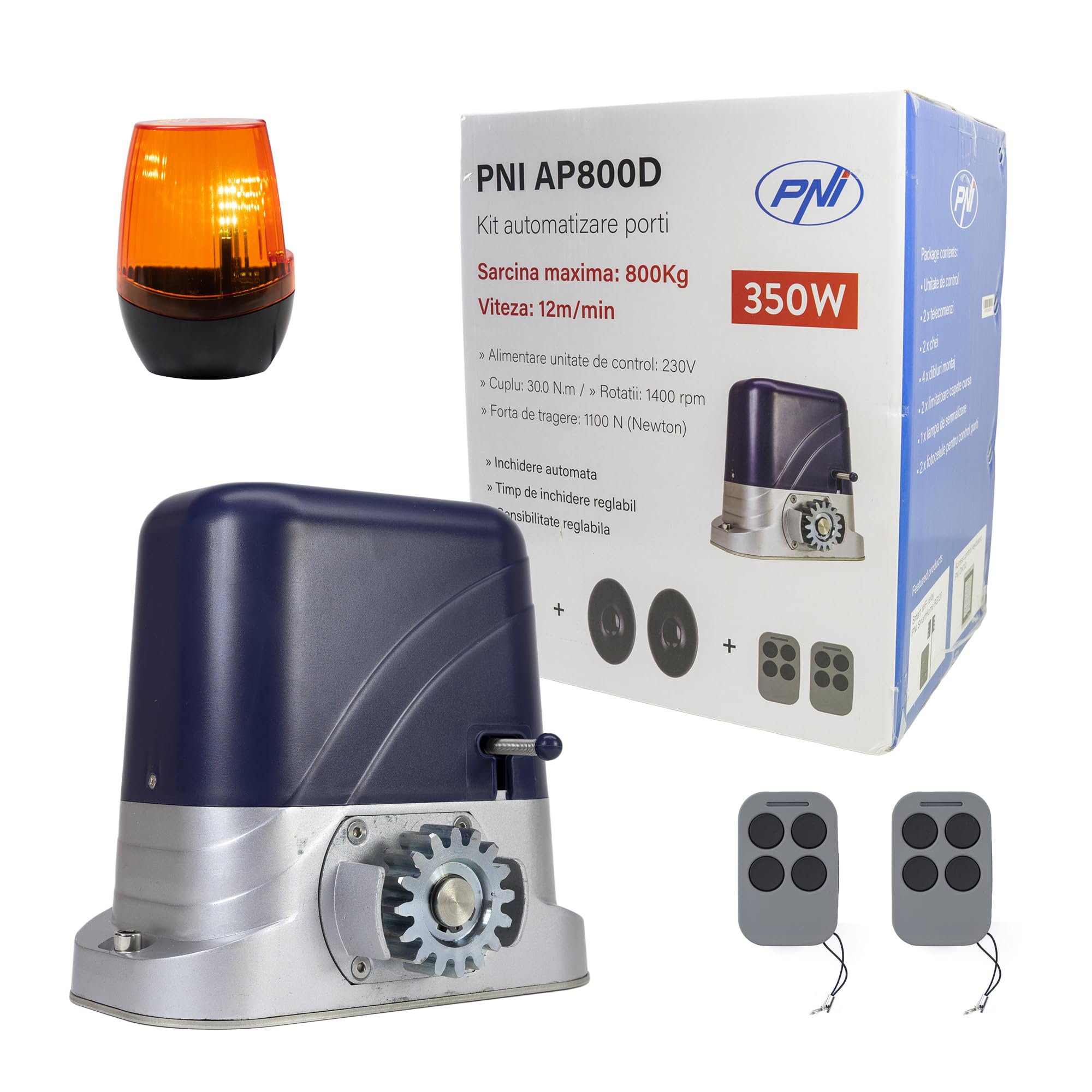 Il kit di automazione per cancelli PNI AP800D include motore, fotocellule, telecomando, lampada, 230V sviluppa 1100 N e cancello scorrevole 800KG