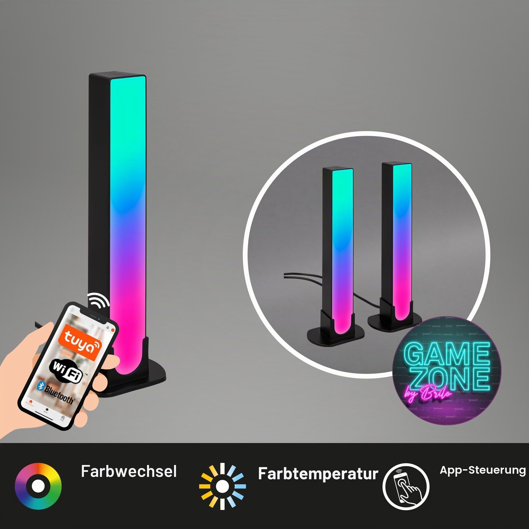 BRILONER – 2er Set LED Lightbar mit Appsteuerung, RGBIC Tischlampe und Wandlampe für Sprachassistenten, Gaming Zubehör mit Musiksensor, TV Hintergrundbeleuchtung, Schwarz, 24 cm hoch