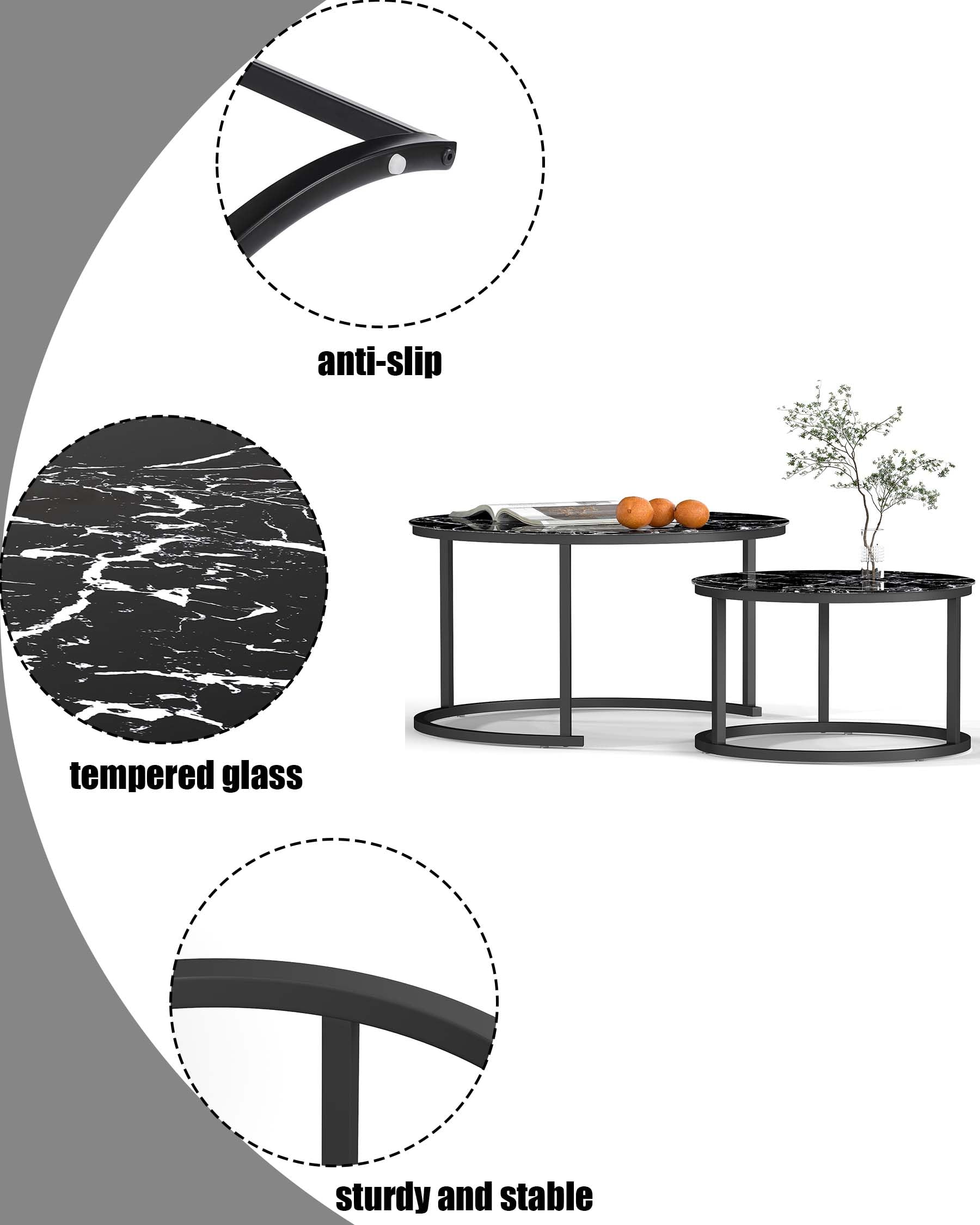 Tavolino Salotto Vetro Rotondo, Tavolo Soggiorno Vetro, Coffee Table 2 pezzi, Tavolino da Salotto Moderno con effetto marmo nero
