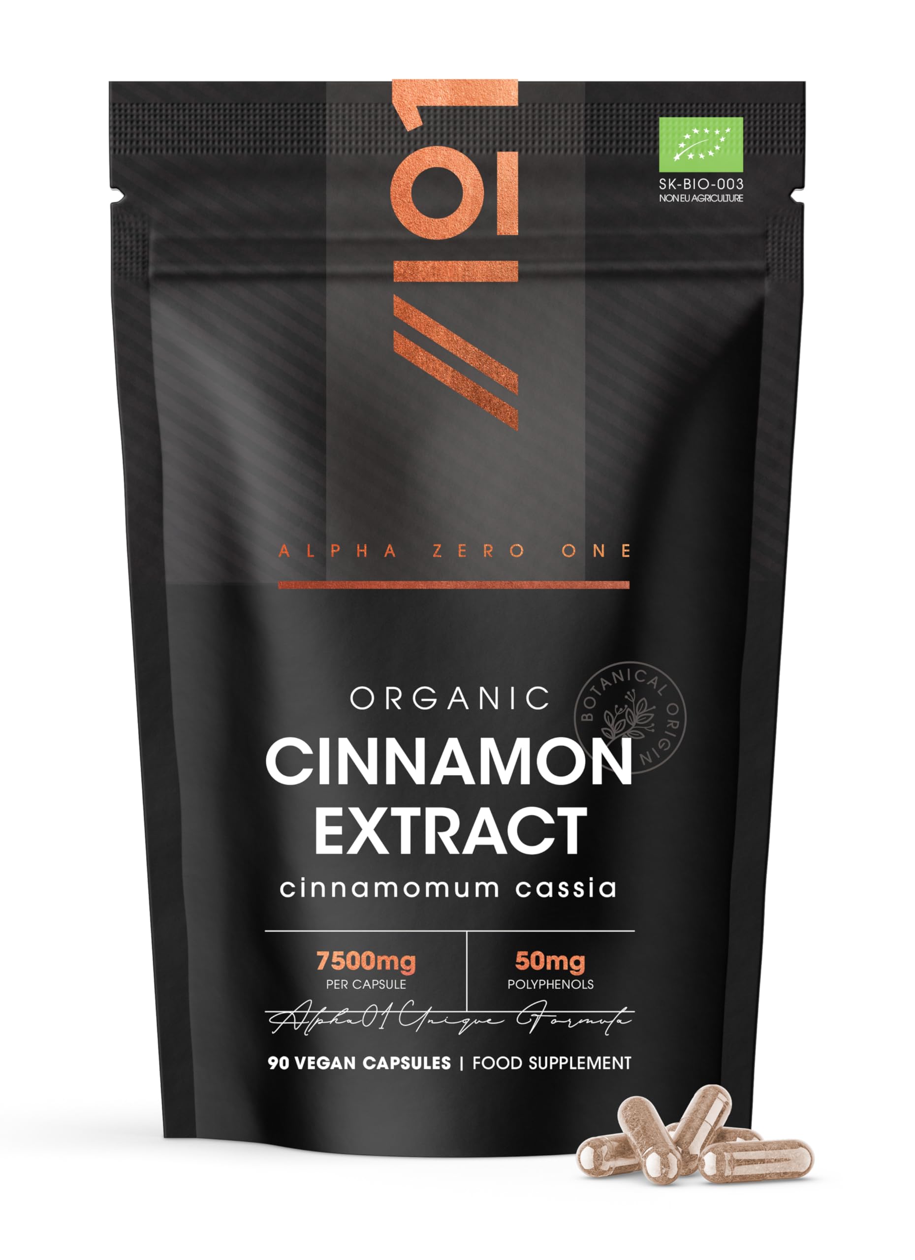 Organic Cinnamon Extract 7500mg - 10% Polyphenols High Strength Cinnamon Supplement - 90 Vegan Capsules (3 Months Supply) - Resealable and Recyclable Pouch by Alpha01
