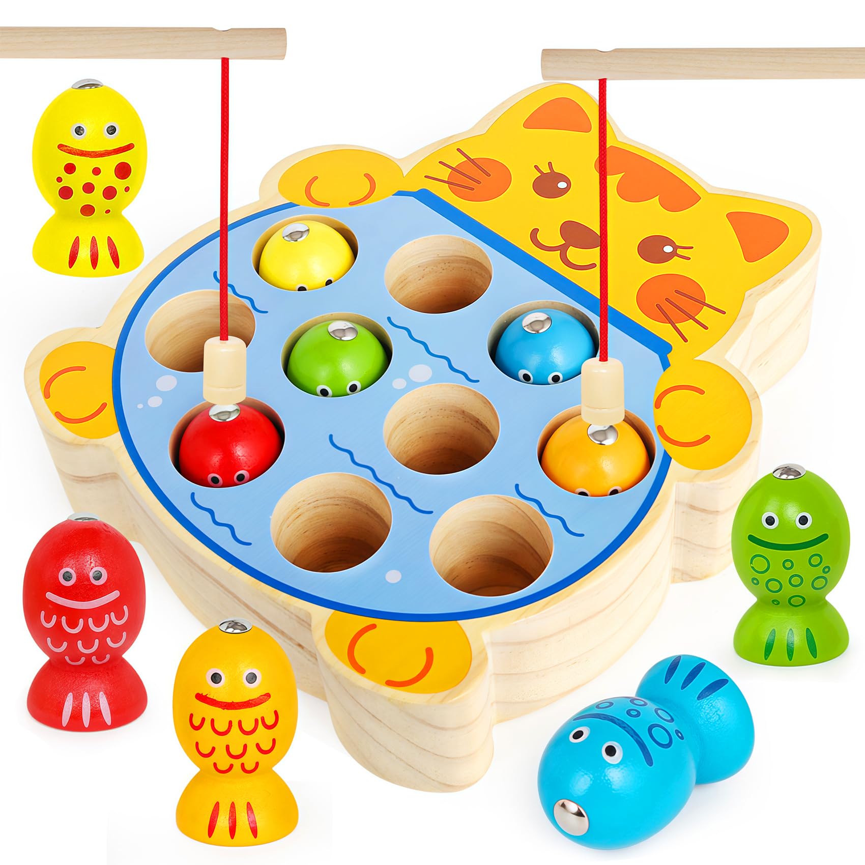 FQKIOMY Montessori Magnetic Wooden Fishing Game for Kids 3+, Fine Motor Skills Toys Learning Color Sorting & Hand Eyes Coordination Easter Basket