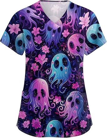 OIOLOYJM Halloween Christmas Scrub Tops Women Print V Neck Short Sleeve Plus Size Scrubs for Womens Shirts with Pockets