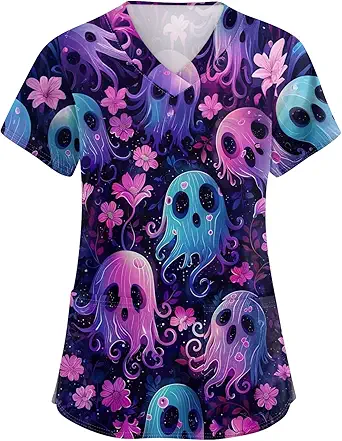 OIOLOYJM Halloween Christmas Scrub Tops Women Print V Neck Short Sleeve Plus Size Scrubs for Womens Shirts with Pockets
