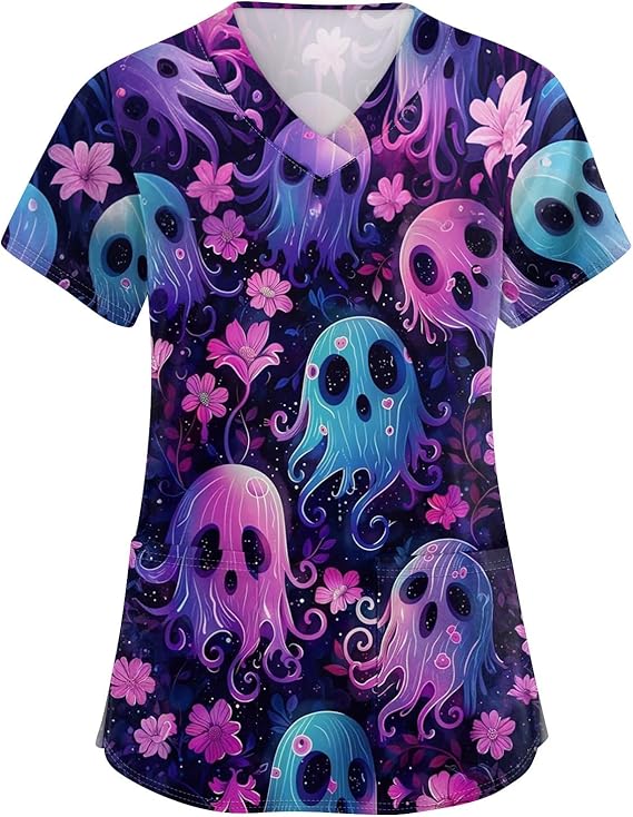 OIOLOYJM Halloween Christmas Scrub Tops Women Print V Neck Short Sleeve Plus Size Scrubs for Womens Shirts with Pockets