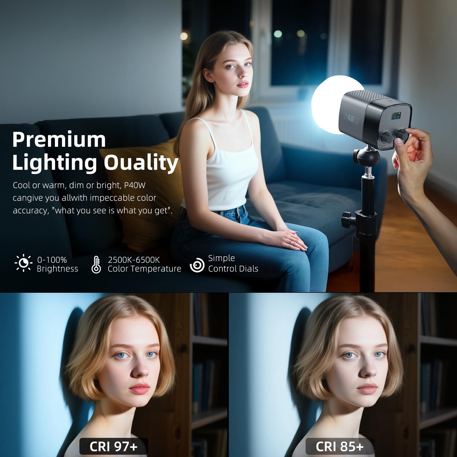 Luz de vídeo LED, 40 W, COB, luz de estudio, 2500 K-6500 K, 11500 lux, modo CCT con carga rápida tipo C, para fotografía de iluminación de vídeo