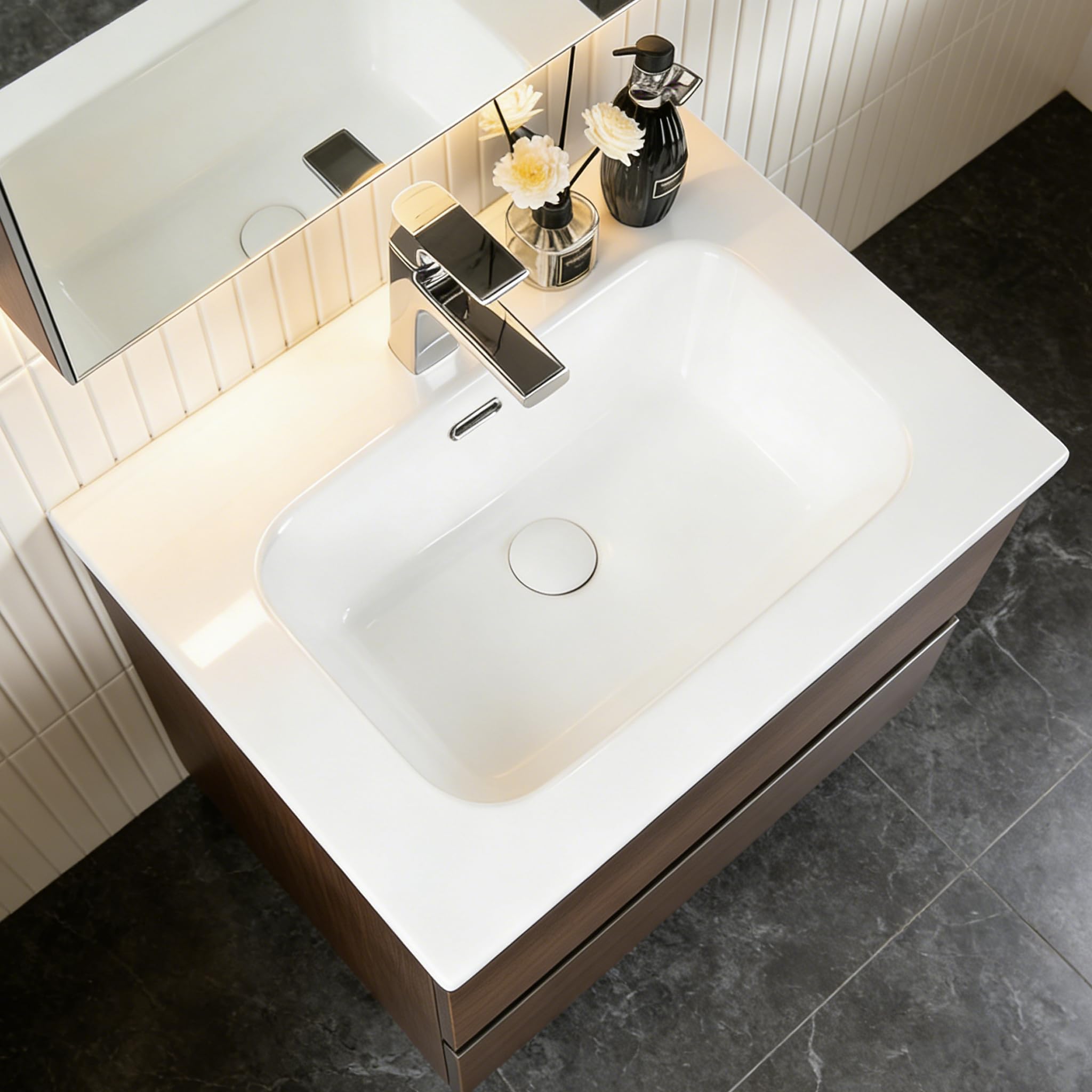 NUESTRA VIDA Waschbecken aus Keramik Weiß 61x46x17,5 cm Eckig, Einbauwaschbecken mit Hahnloch und Überlauf, Handwaschbecken für das Badezimme