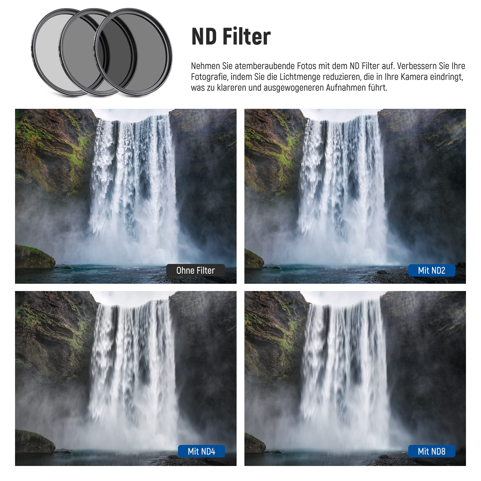 NEEWER 67mm ND Filter Set ND/CPL(Polfilter)/UV/FLD/Nahfilter Objektivzubehör ND2 ND4 ND8 Graufilter Set (+1/+2/+4/+10) Tulpen Blende, zusammenklappbarer Gummi Blende, Objektivdeckel, Filterbeute