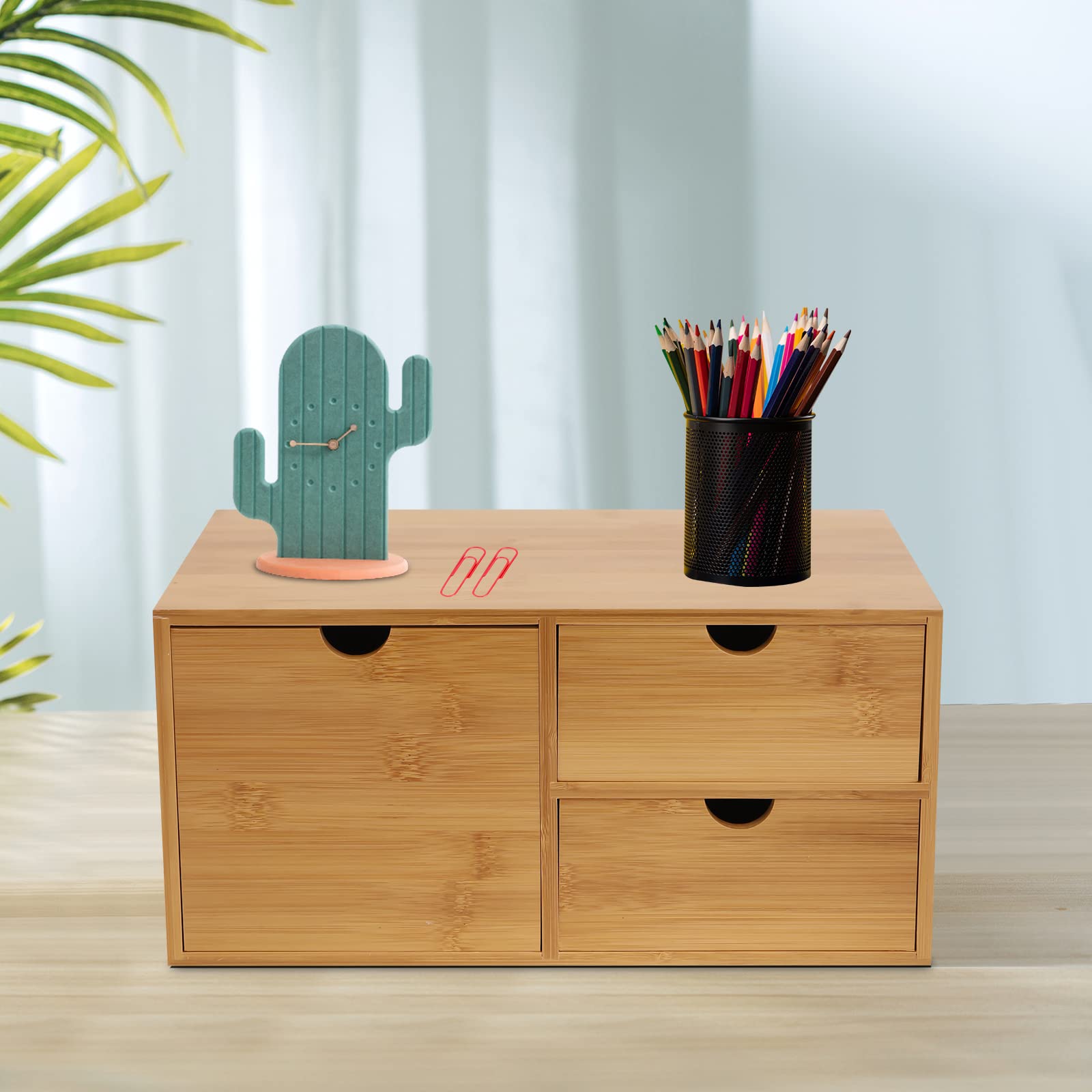 Organizzatore da scrivania, cassetti in bambù, mini comò con 3 cassetti, per casa, ufficio e scuola, 33 x 19 x 16 cm