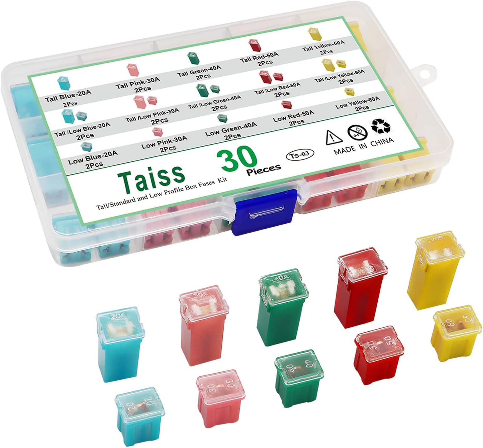 Taiss 30PCS Automotive Tall/Standard and Low Profile Box Shaped Fuses Assortment Kit, Car Fuses(20A, 30A, 40A, 50A, 60A) Suitable for Chevrolet, Ford, Nissan Pickup SUV and Other Vehicles