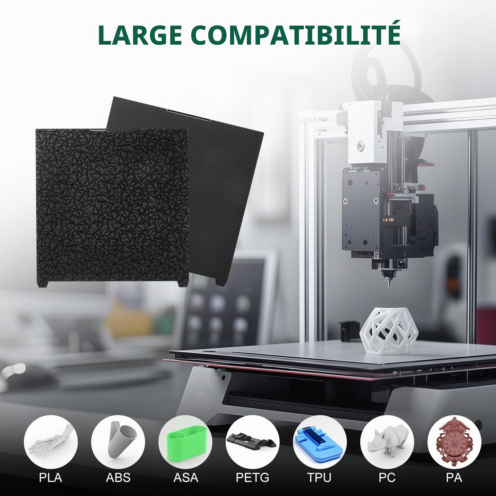 Plaque de Plateforme Texturée Double Face pour Creality K2 Plus Combo,370x370mm Acier à Ressort Élastique,Haute Adhérence PEO-PET Compatible PLA ABS PETG TPU Usage Professionnel et Modélisation